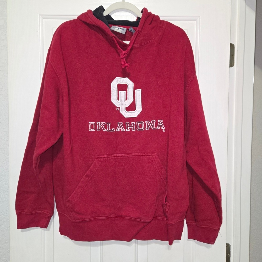 Oklahoma Sooners J. America Hoodie Sweatshirt Embroidered Crimson Red‎ Large